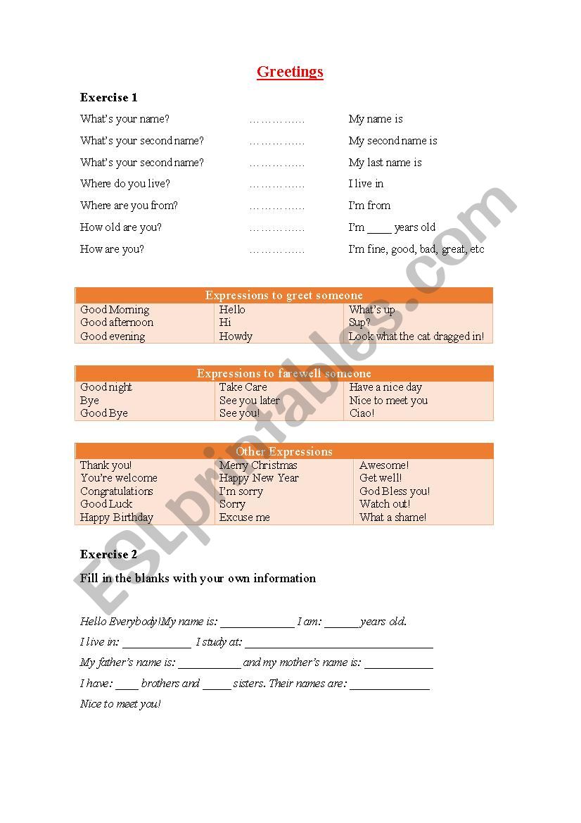 Greetings worksheet