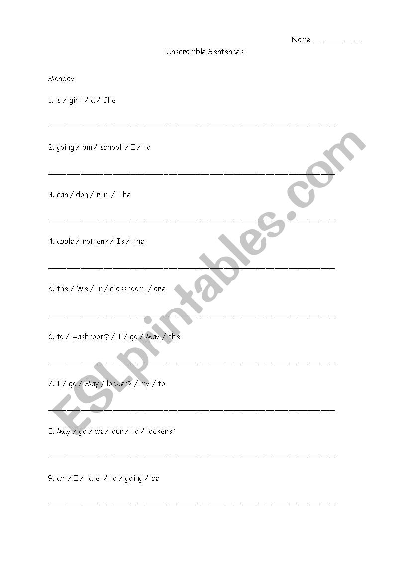 Unscramble Sentences worksheet