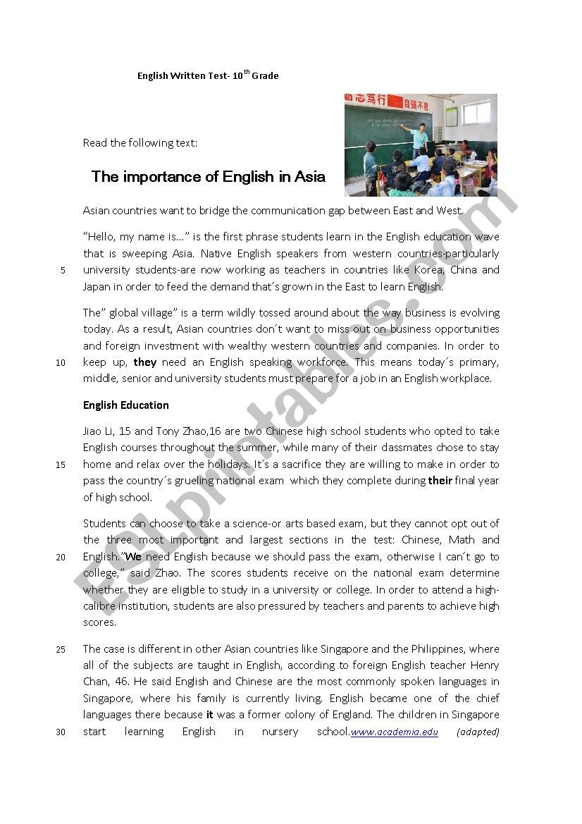 10th Grade Test-The importance of the English Language