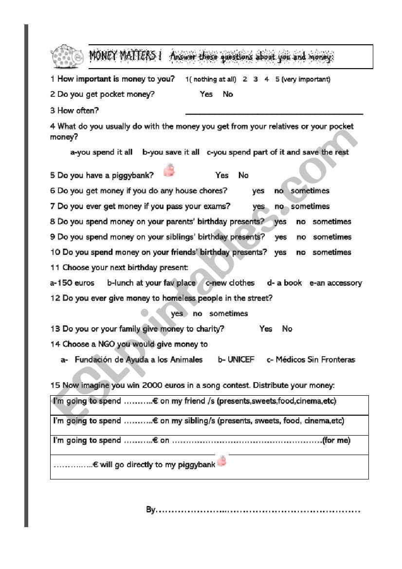 Money matters worksheet