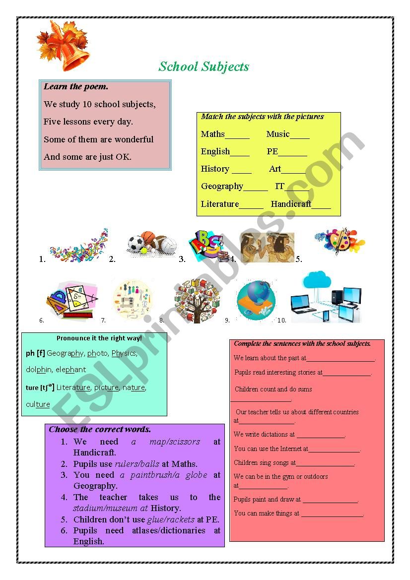 School subjects worksheet