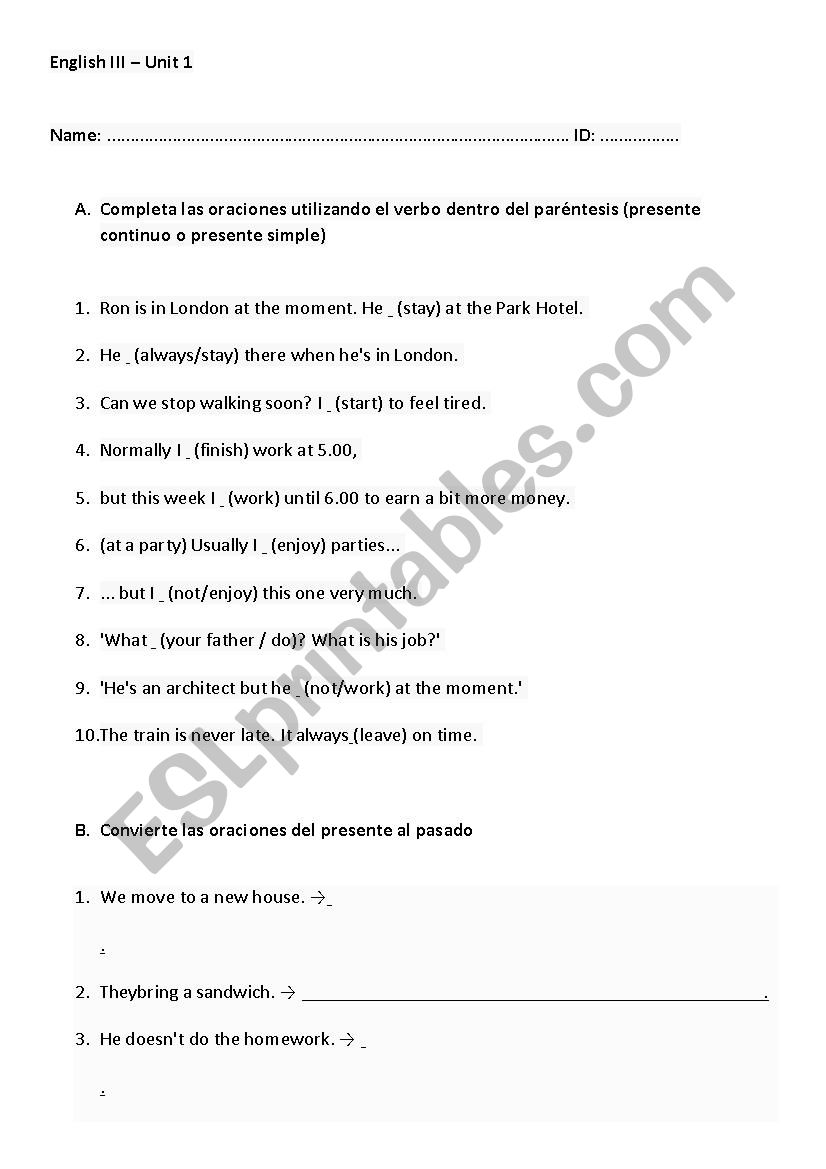 English III and IV worksheet