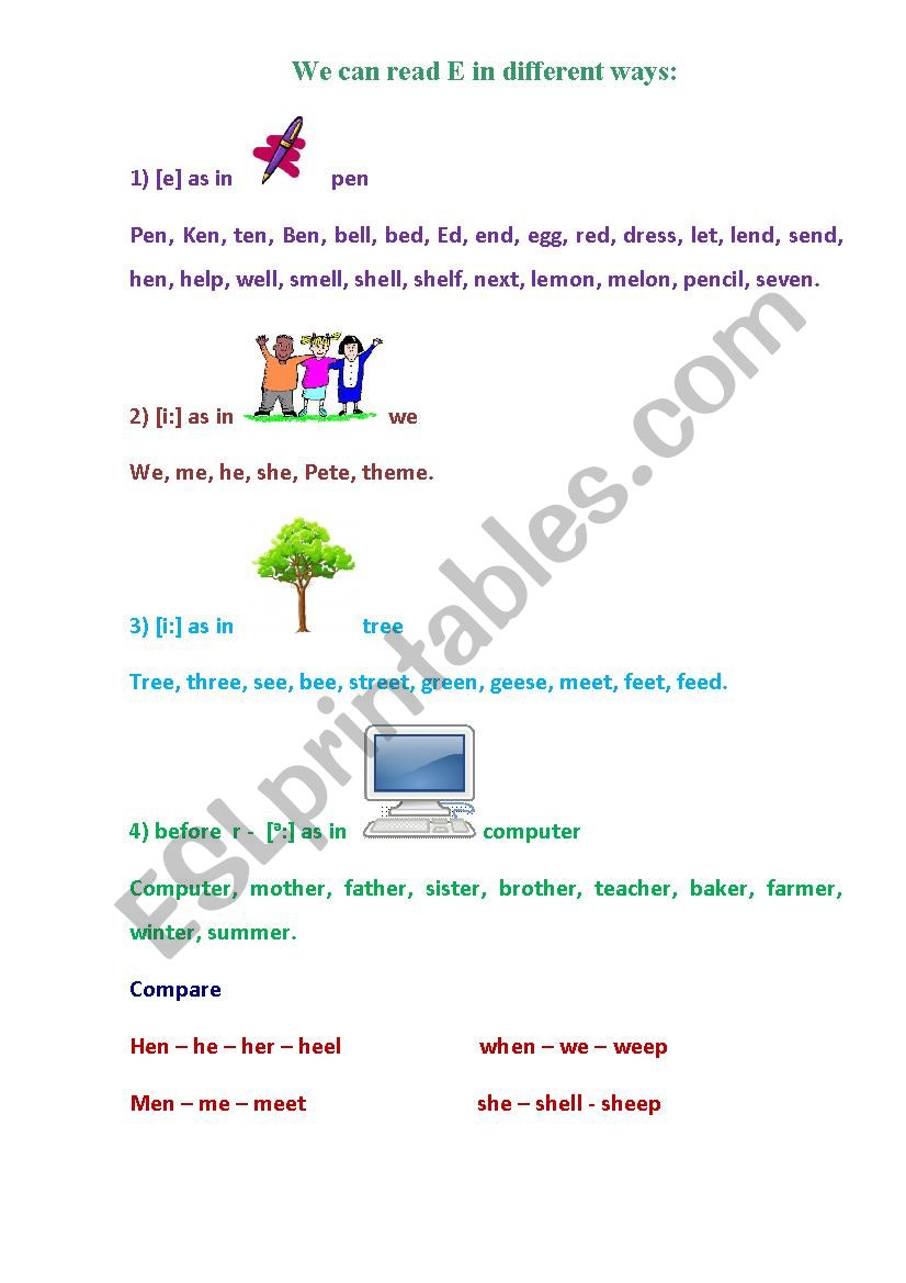 Phonics vowel E worksheet