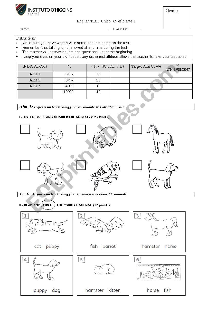 ENGLISH TEST ANIMALS, HOUSE worksheet