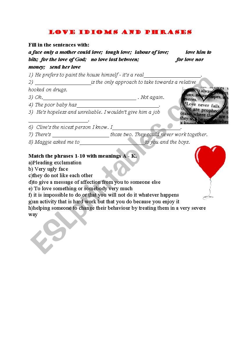 Love idioms worksheet