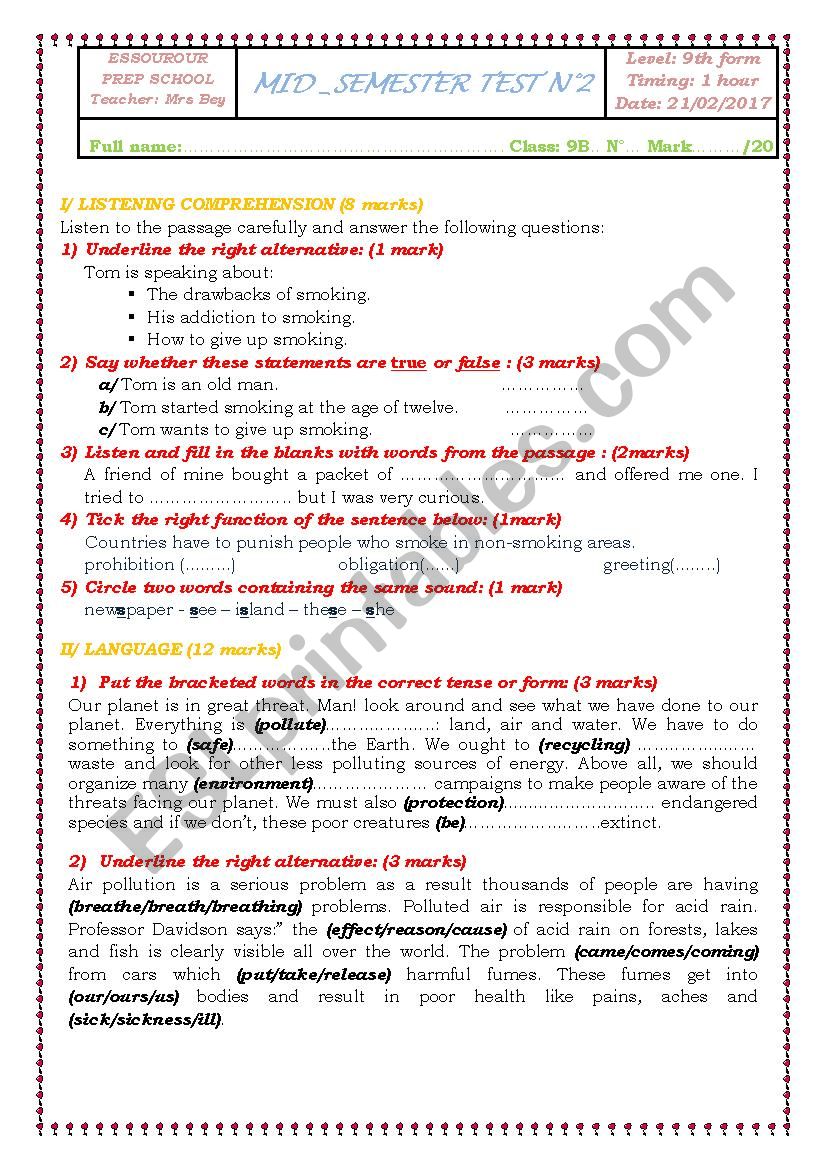 Mid semester test nÂ°2 (9th form Tunisian prep schools)