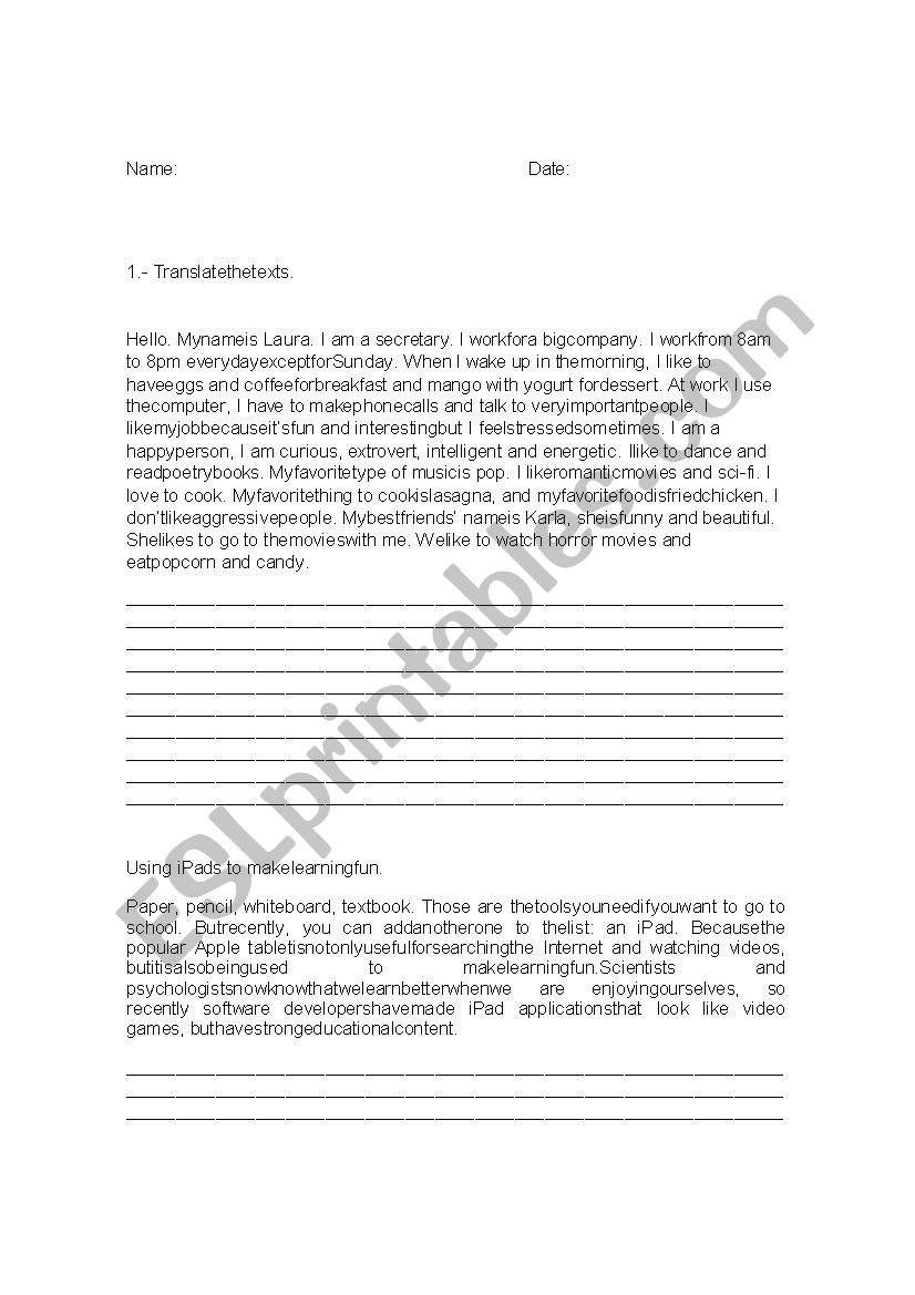 Translations worksheet