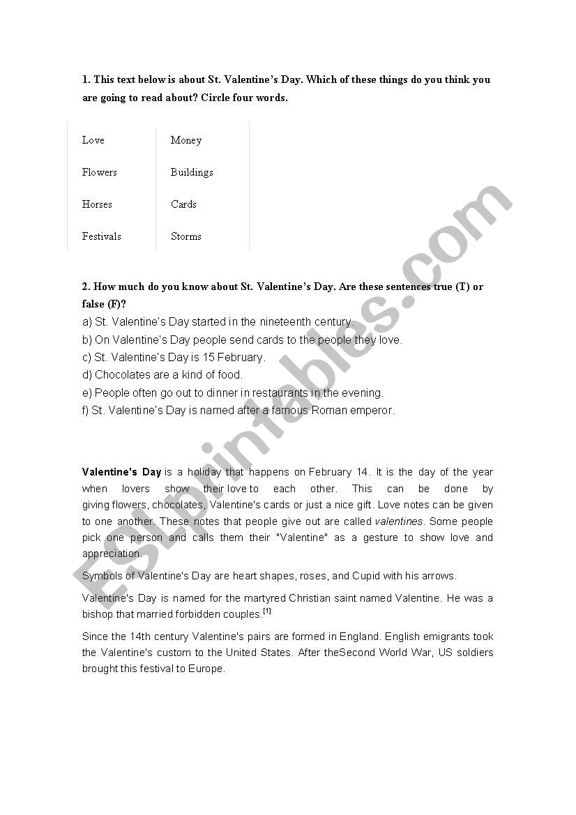 Valentines history for esl  worksheet