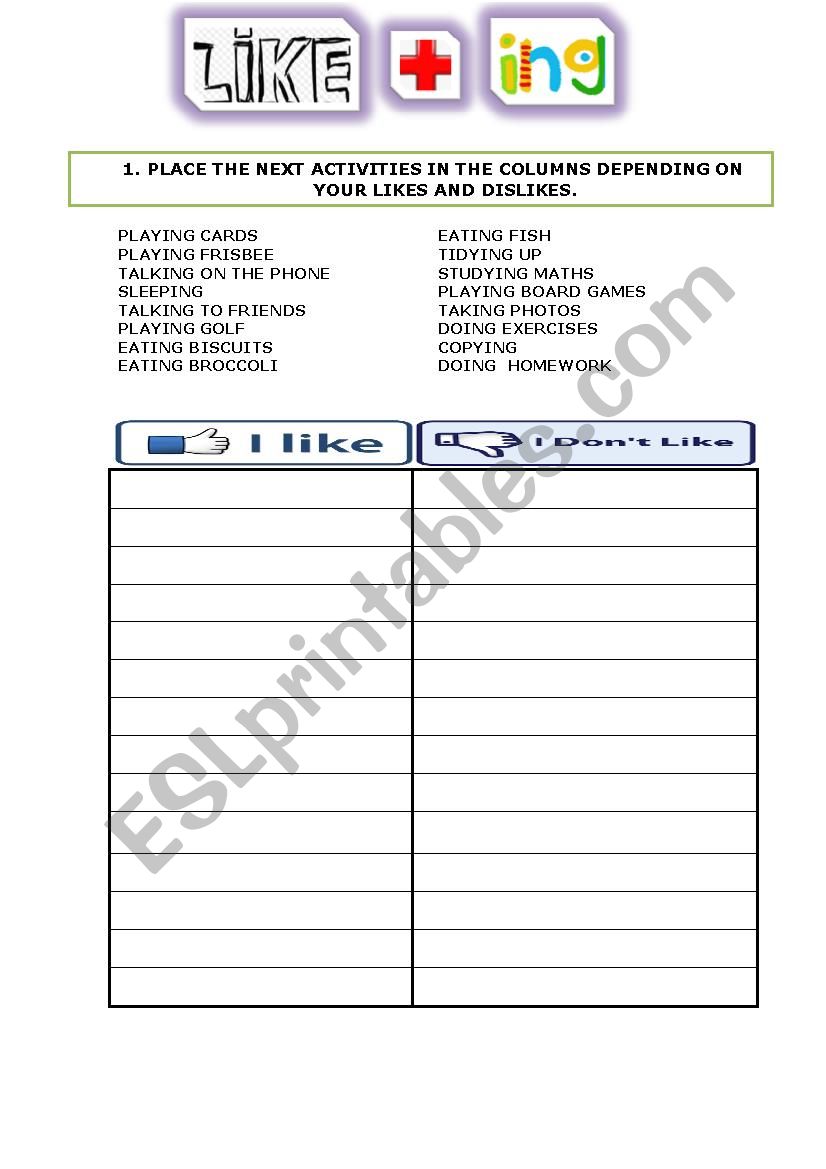 Like/DonÂ´t like + ing worksheet