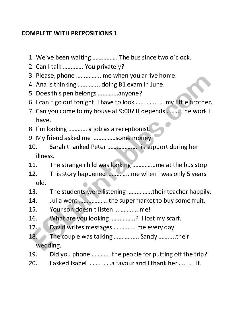 Complete with prepositions worksheet