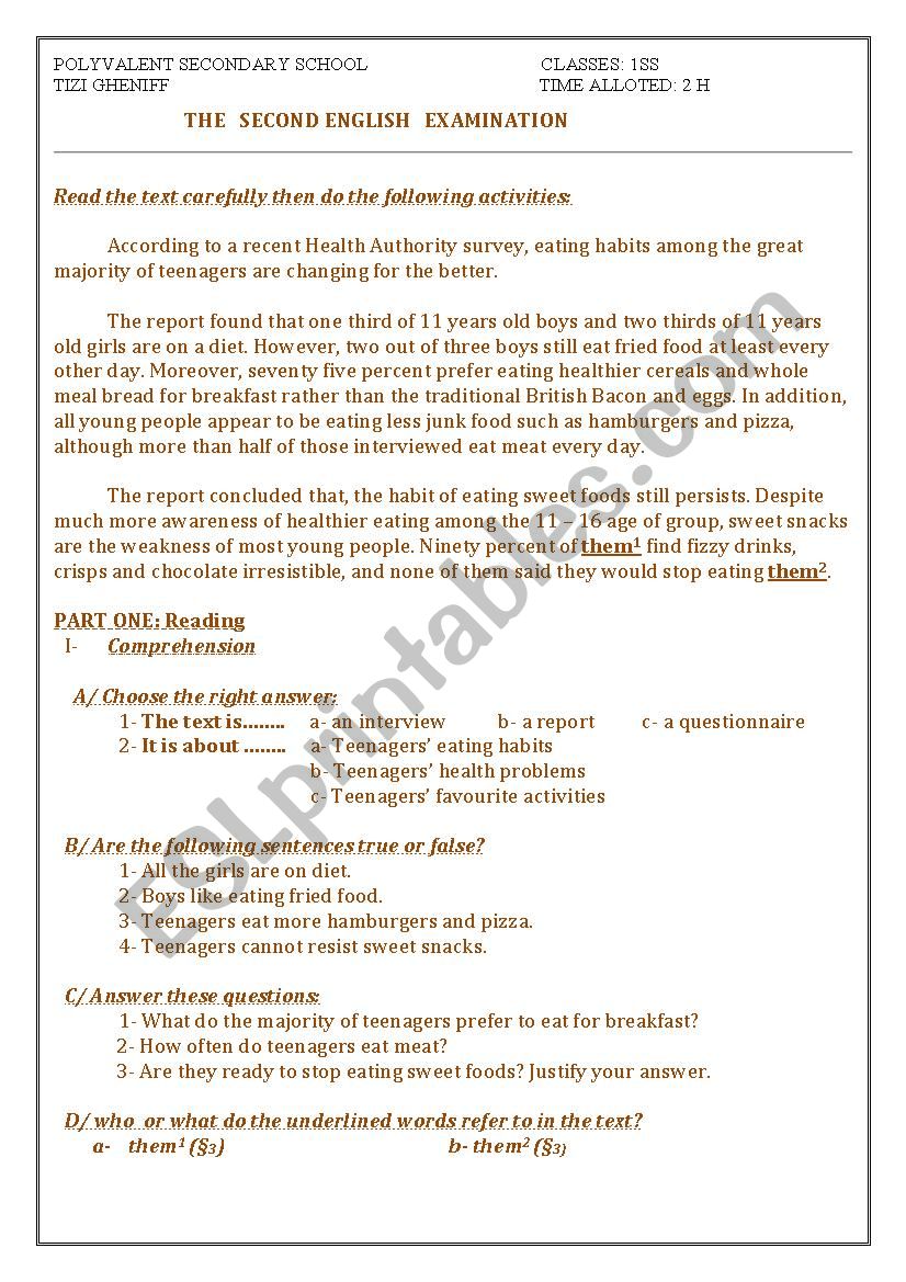 eating habits exam worksheet