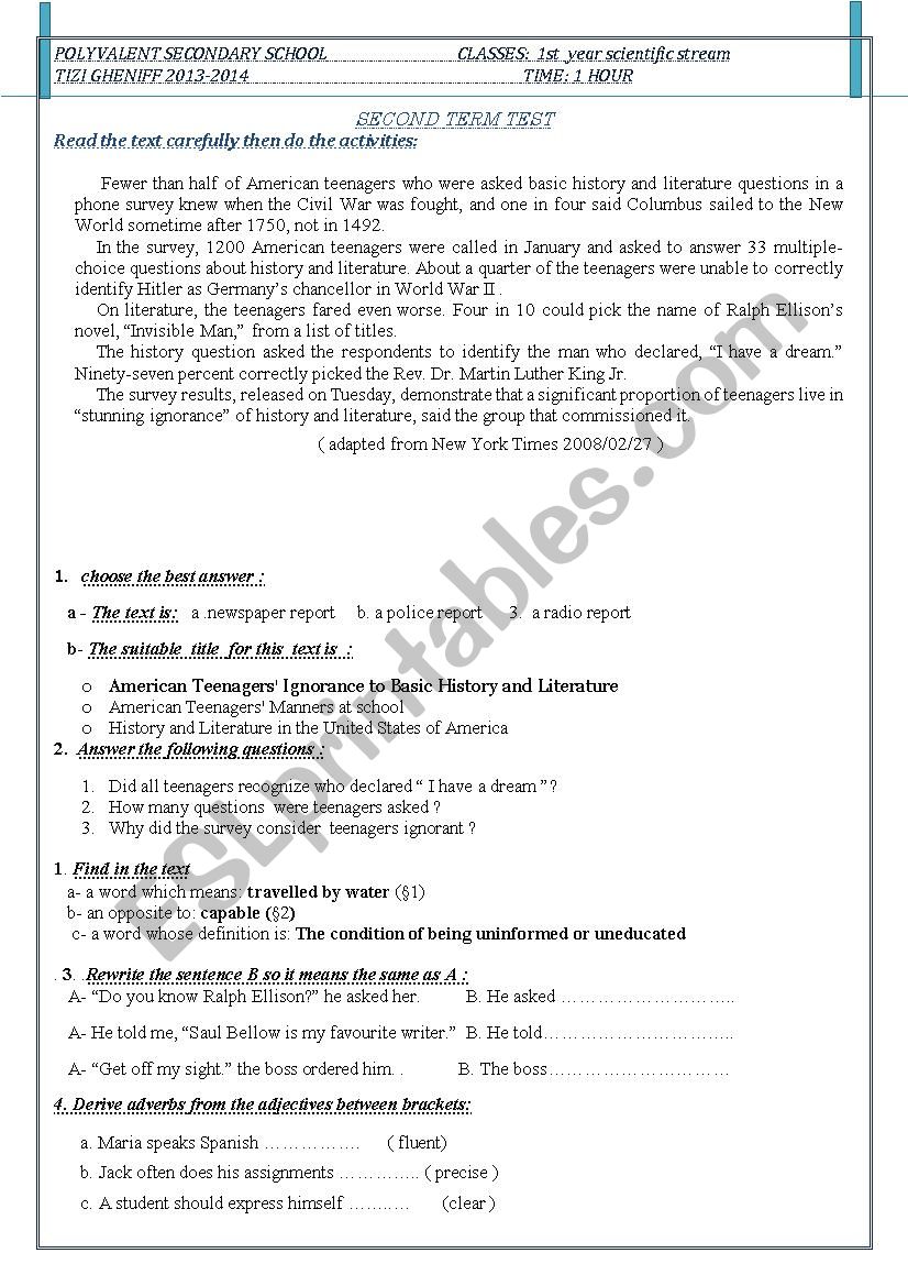 1 year exam worksheet