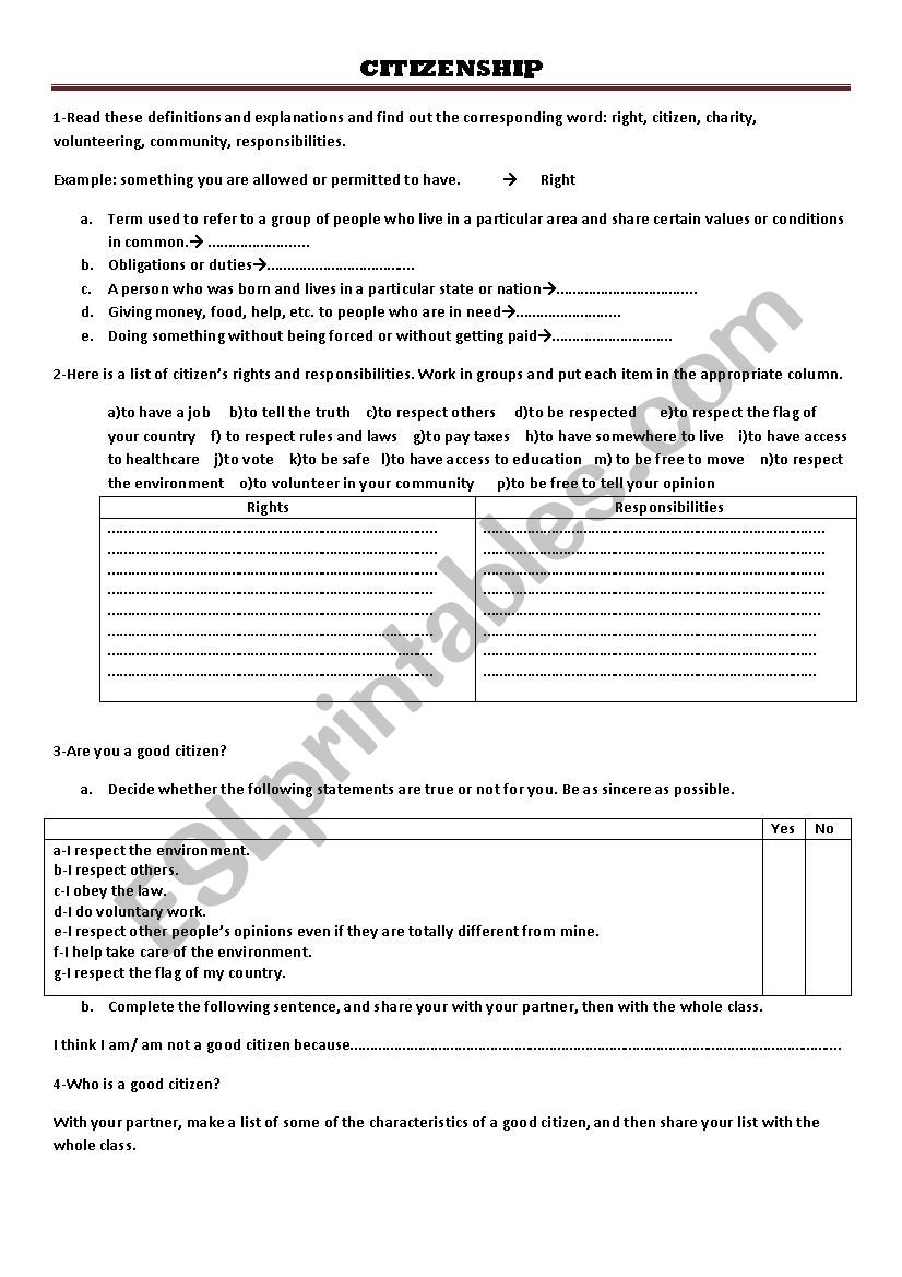 Citizenship worksheet