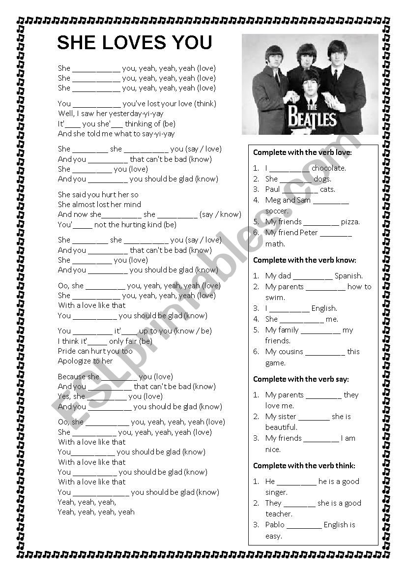 SHE LOVES YOU BY THE BEATLES worksheet