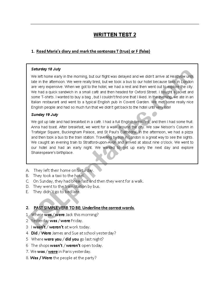 Test on Simple Past worksheet