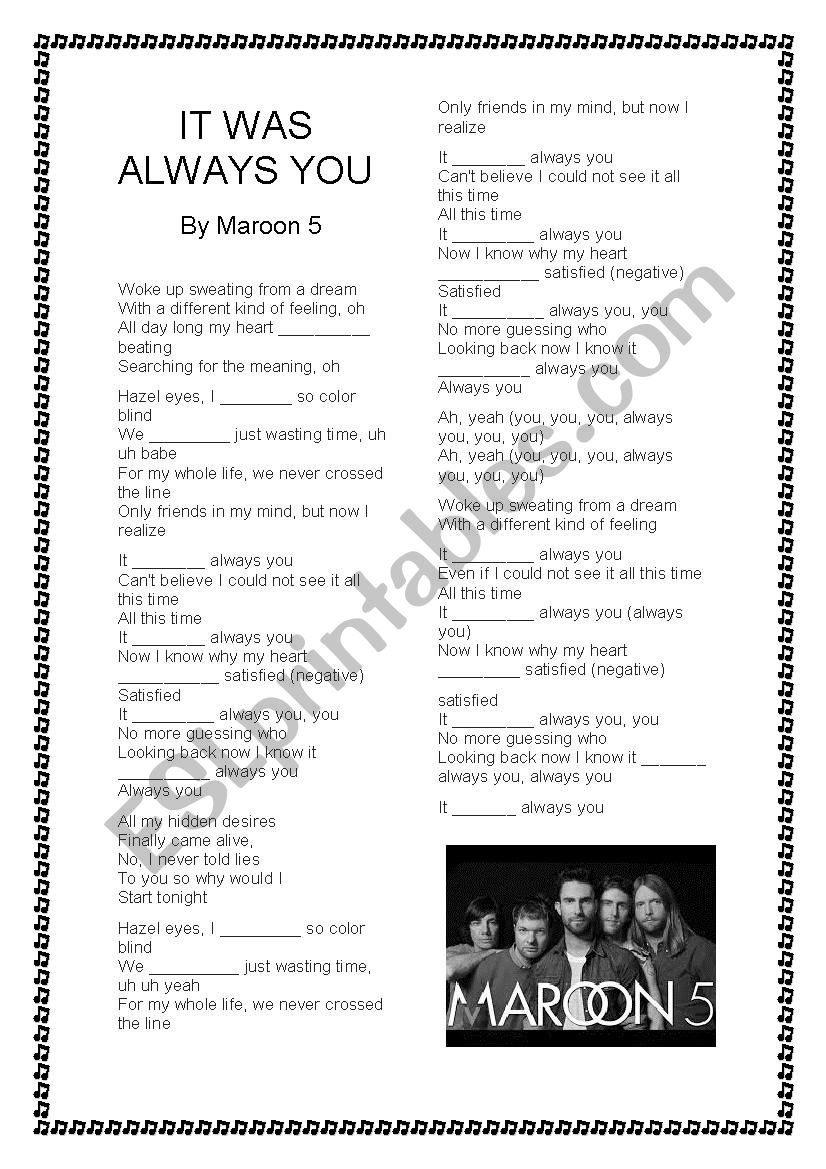 IT WAS ALWAYS YOU MAROON 5 worksheet