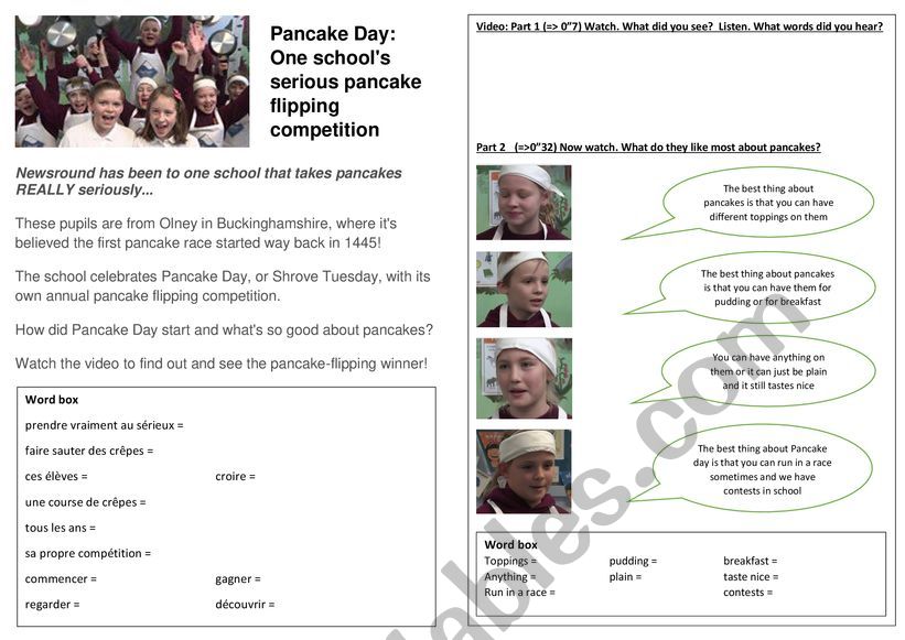 Shrove Tuesday Video Worksheet