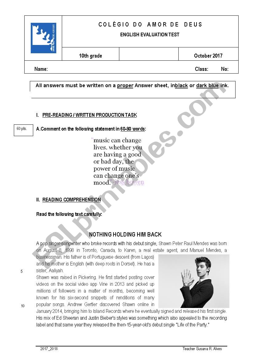 10th grade test worksheet