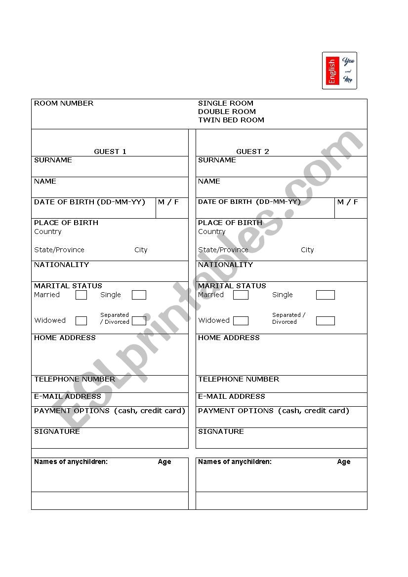 Hotel booking form worksheet