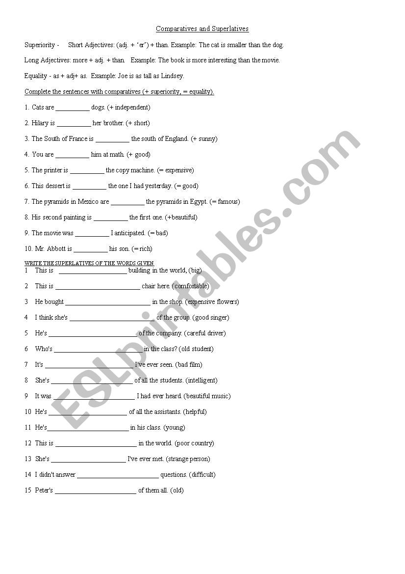 Comparatives and superlatives worksheet