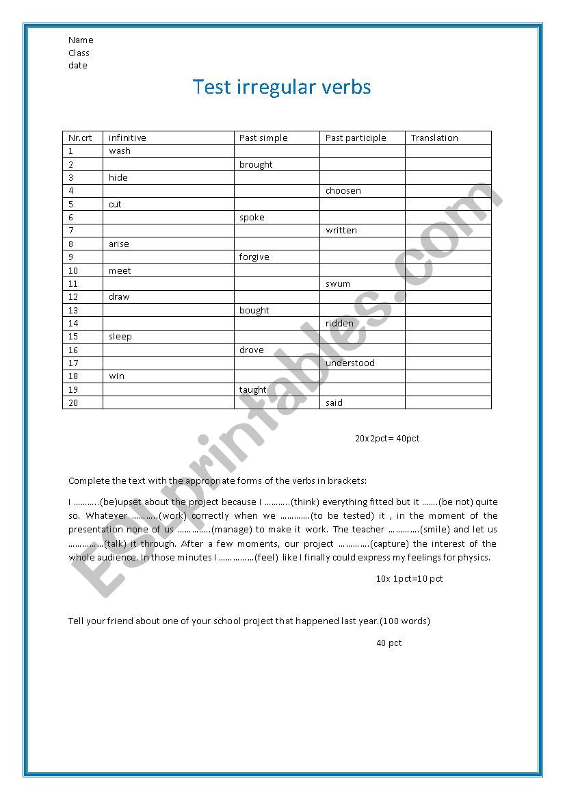 irregular verbs test worksheet