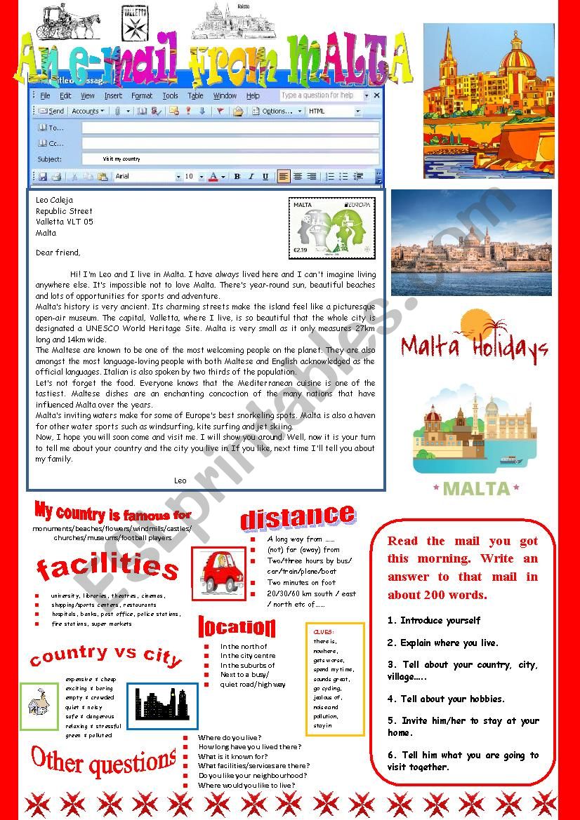 An e-mail from Malta. Reading and semi-guided writing.