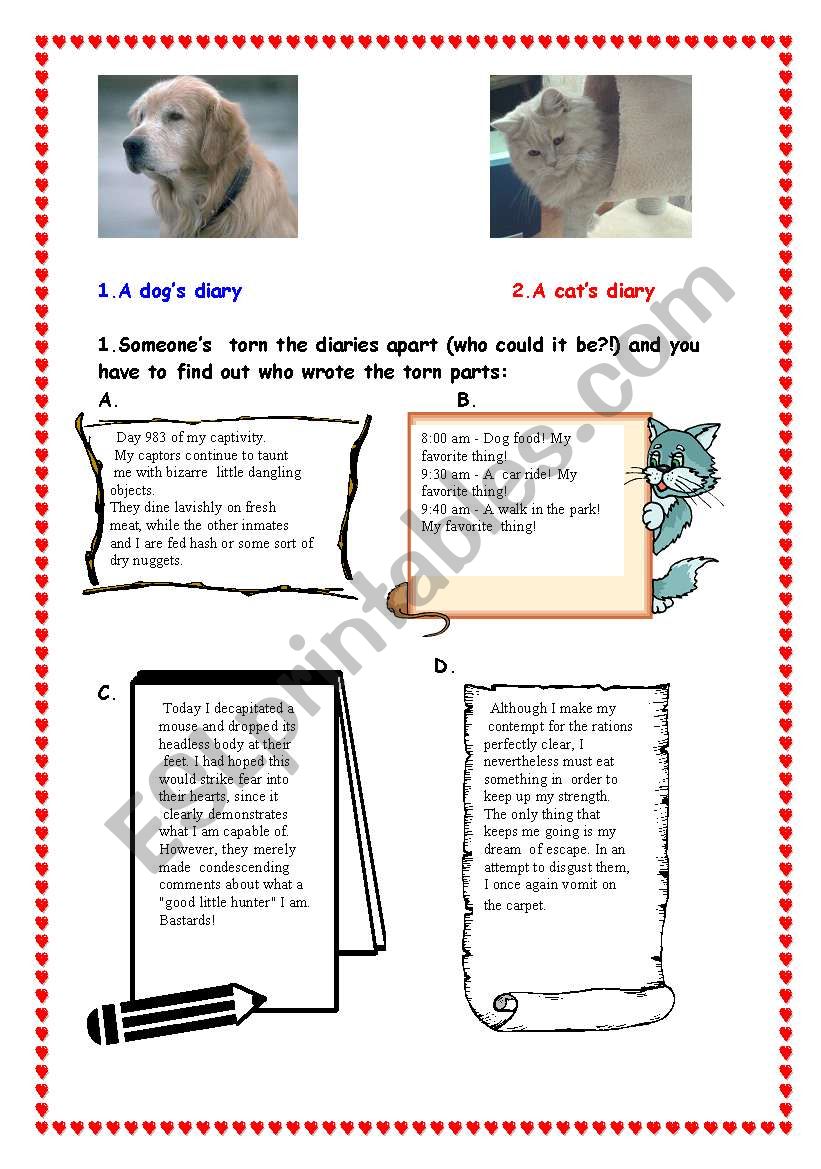 The dog´s and the cat´s diary ESL worksheet by leva