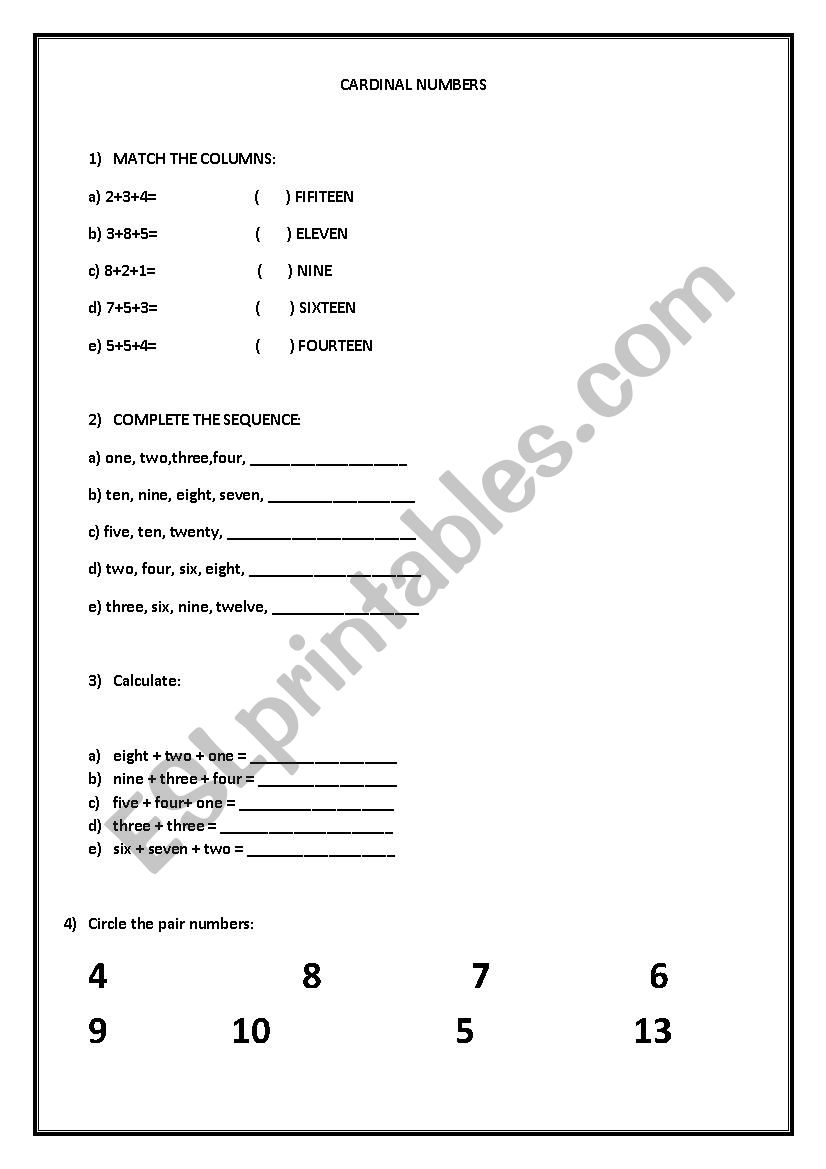 CARDINAL NUMBERS worksheet