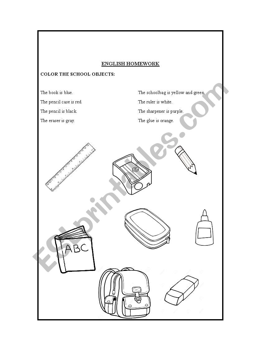 Color the school objects worksheet