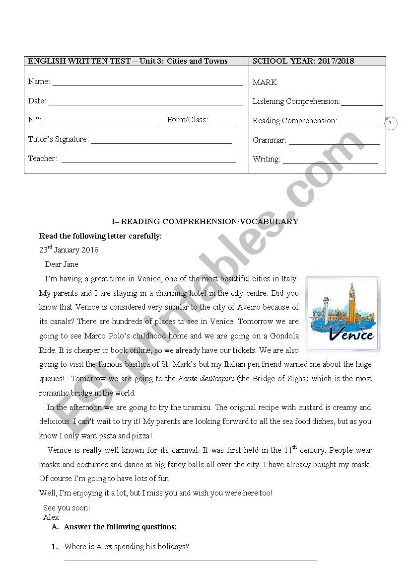 English test Cities and towns worksheet