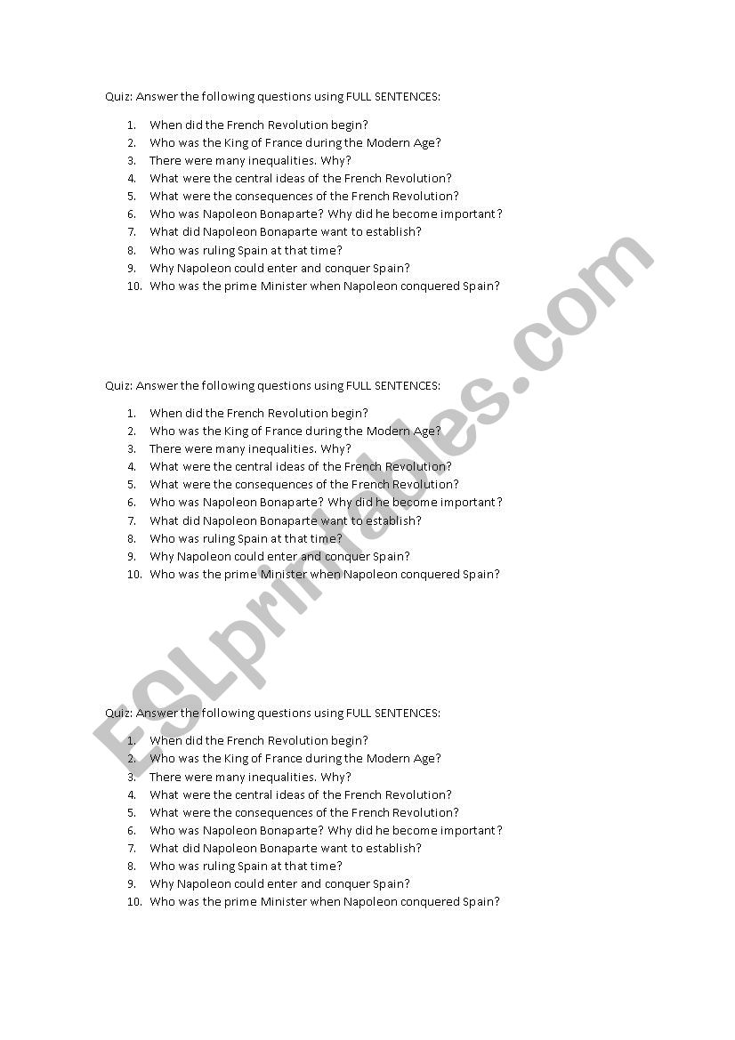 FRENCH REVOLUTION QUIZ worksheet