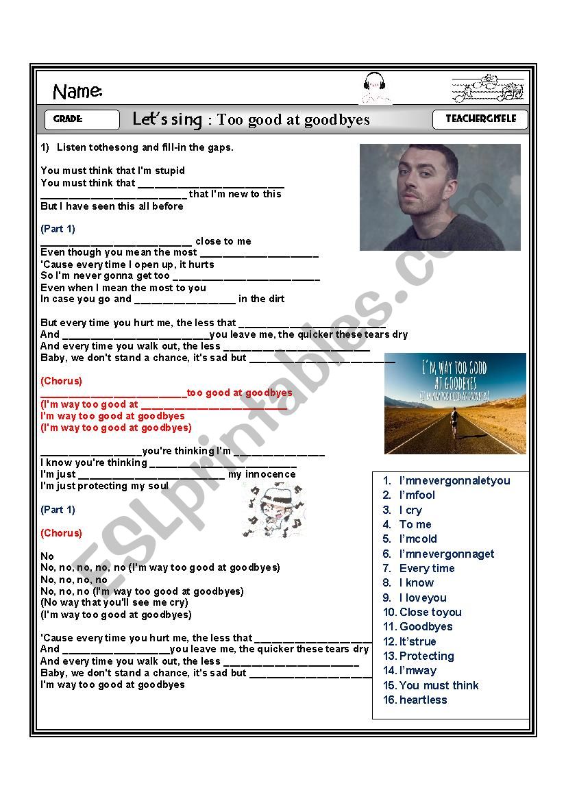 Song Too Good at Goodbyes worksheet