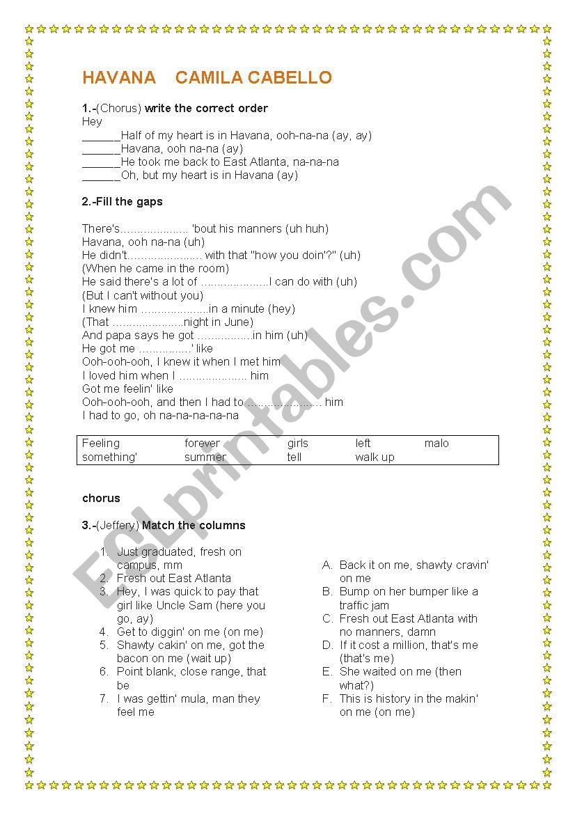 Havana song by Camila Cabello worksheet