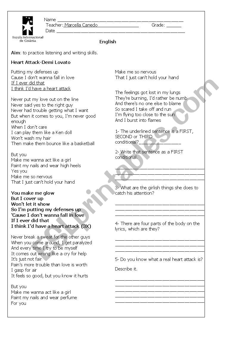 Heart Attack worksheet