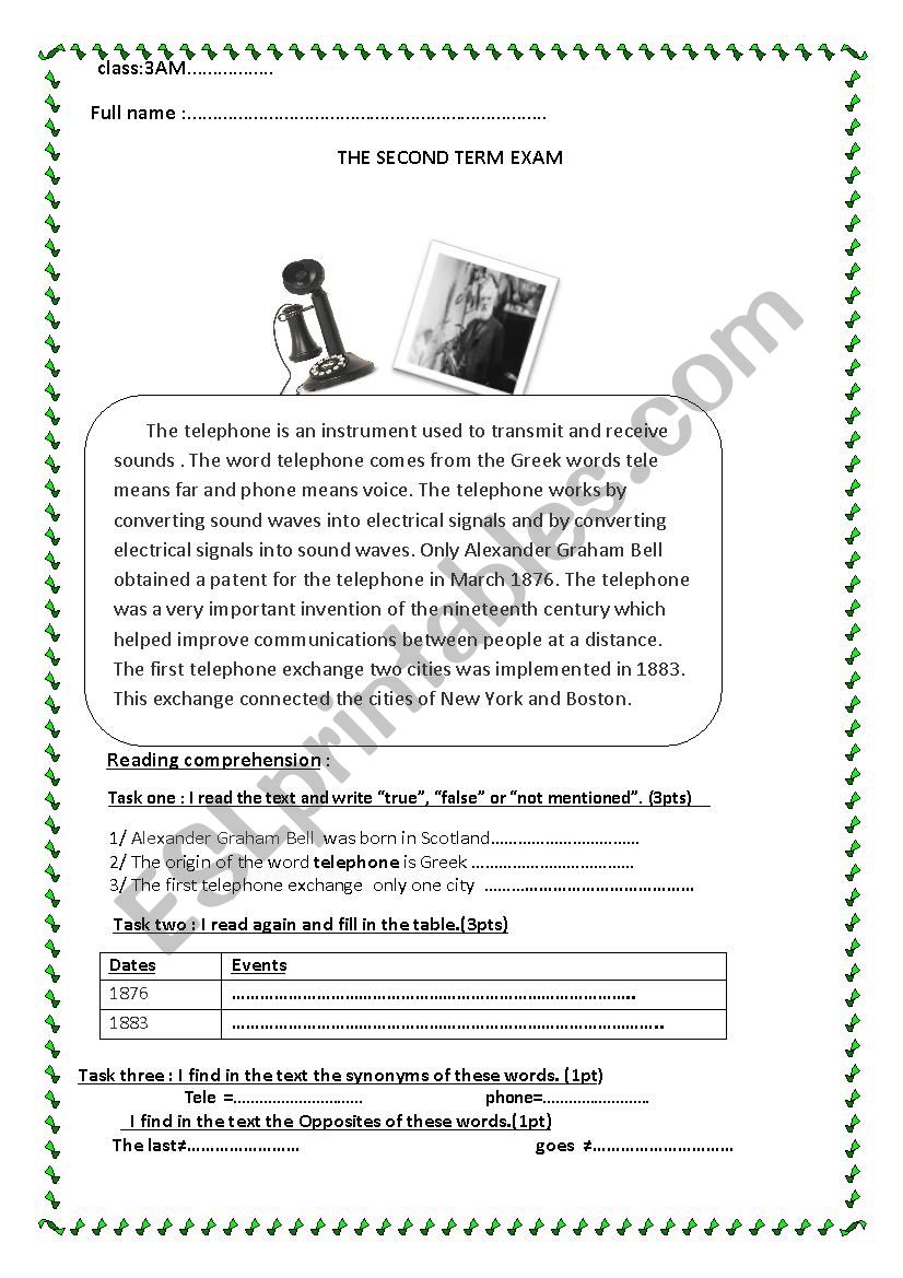 telephone  worksheet