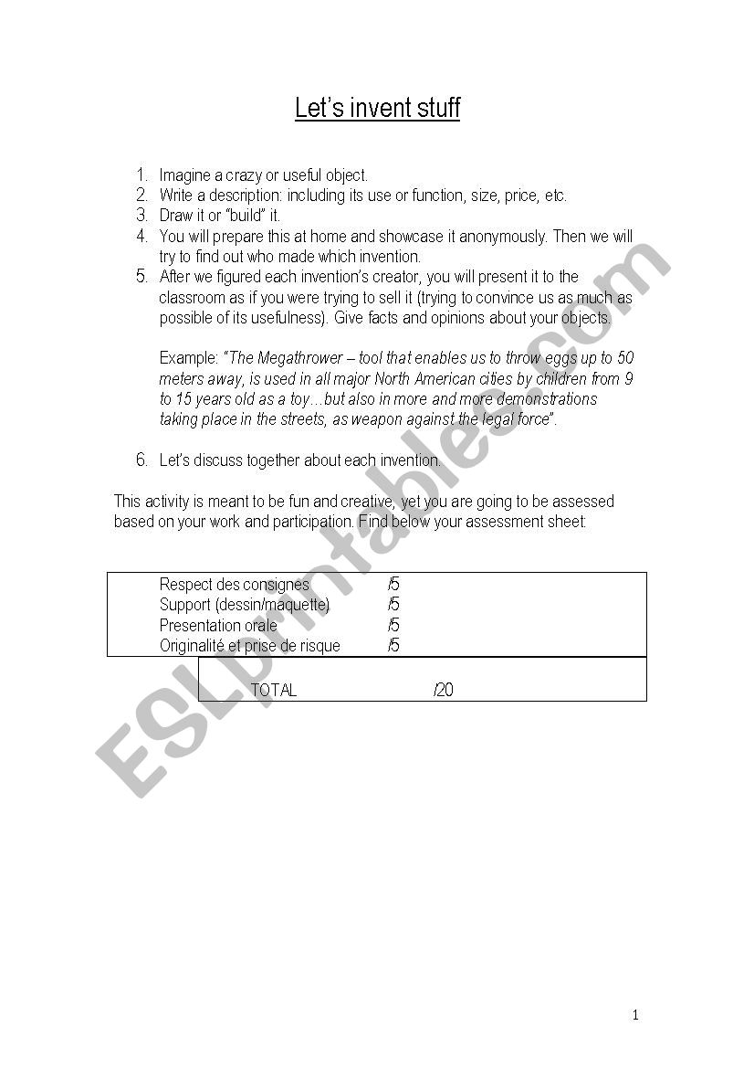 LetÂ´s invent stuff worksheet
