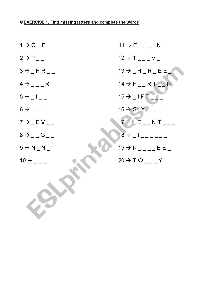 Complete the numbers worksheet