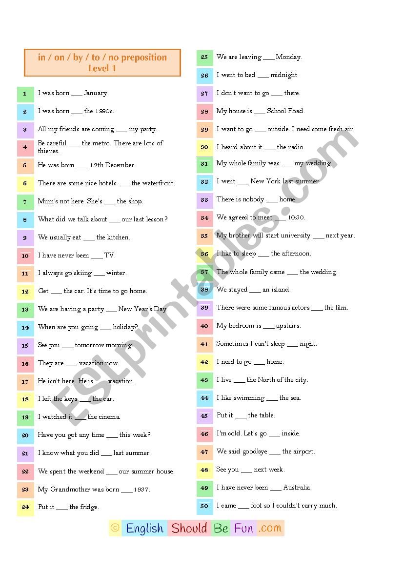 in / at / on / by / to / no preposition - worksheet