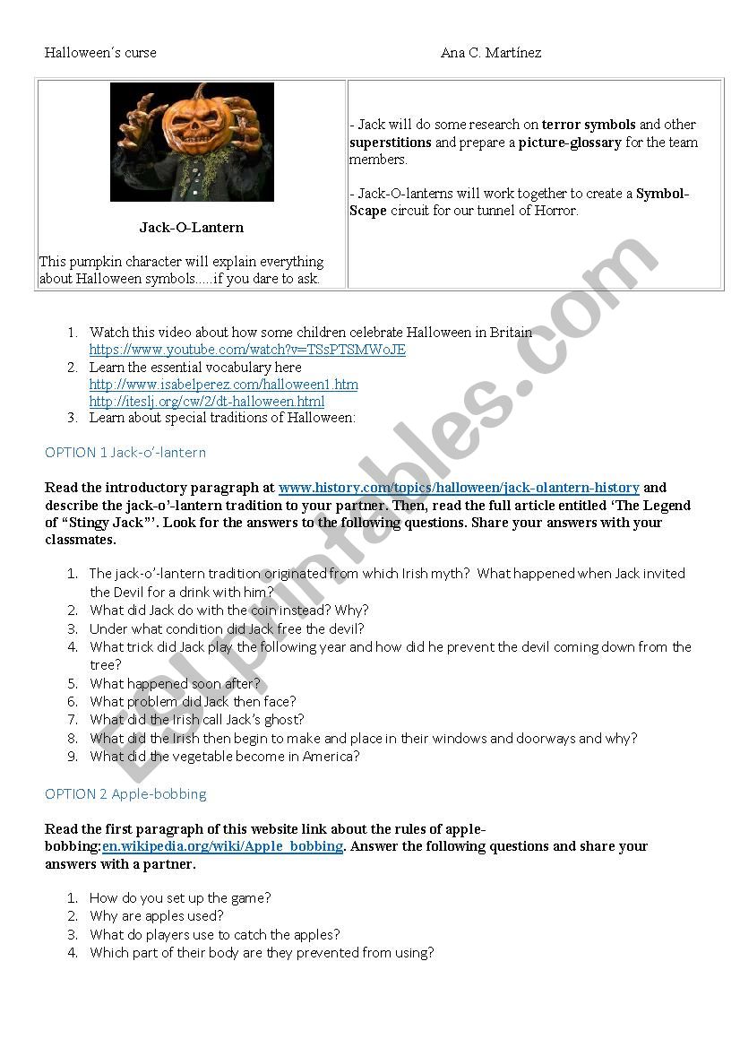 Halloween´s curse JackOLantern worksheet ESL worksheet by emptyseagull