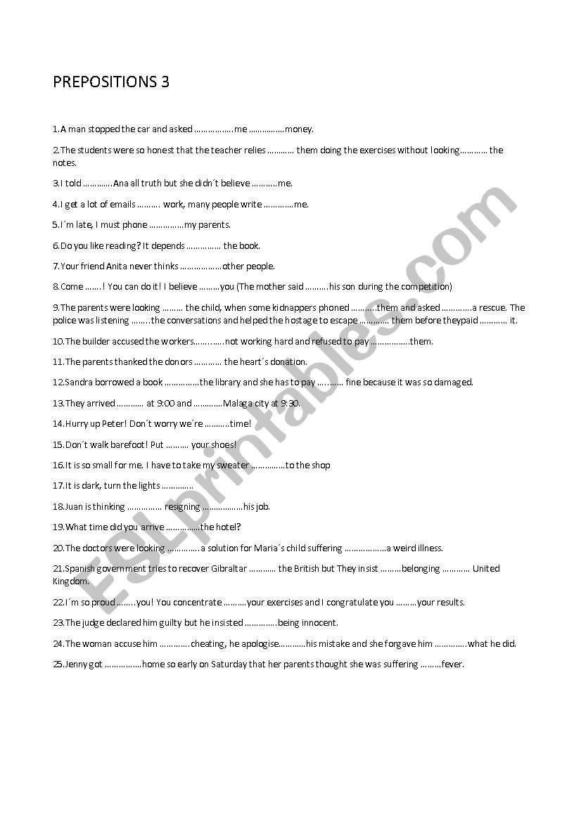 Complete with prepositions 3 worksheet