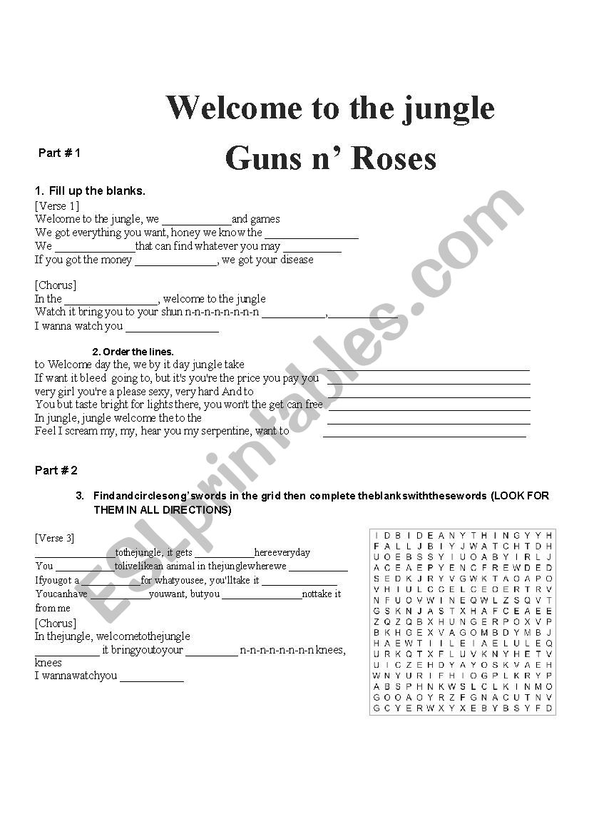WELCOME TO THE JUNGLE SONG worksheet