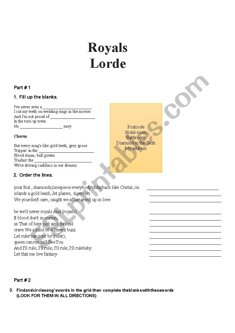 ROYALS BY LORDE worksheet