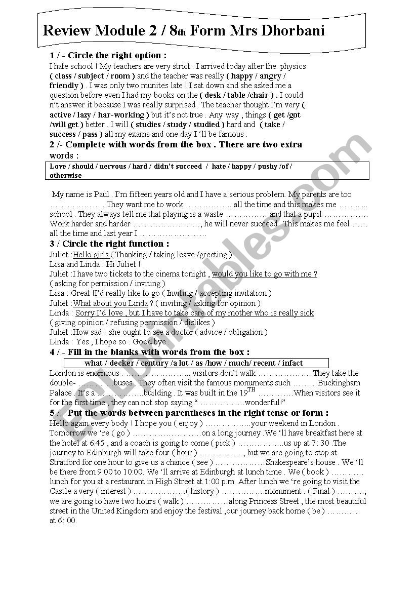 8th form review module 2 worksheet