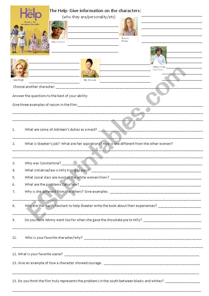 The Help (a movie analysis) worksheet