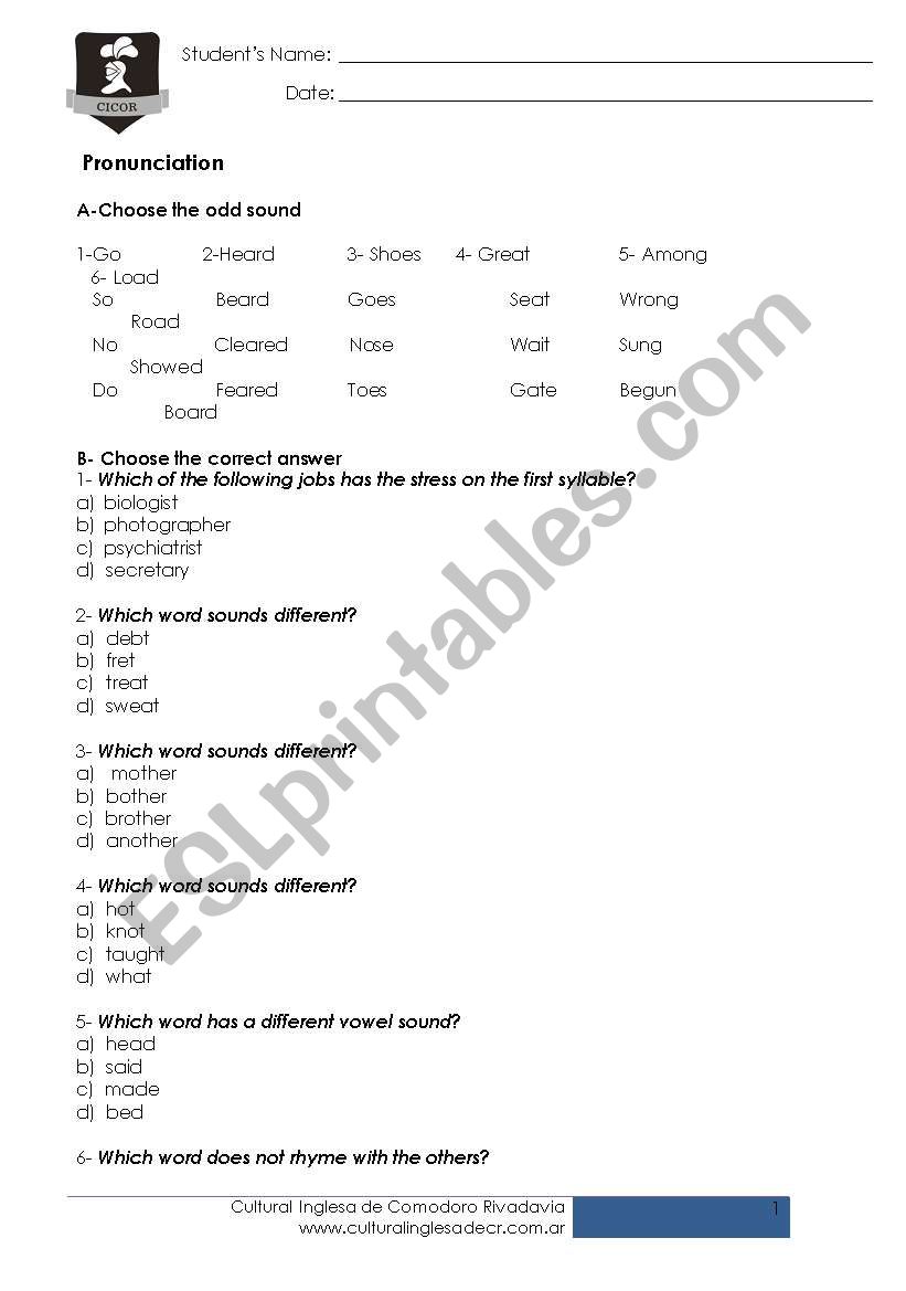 Pronunciation class worksheet
