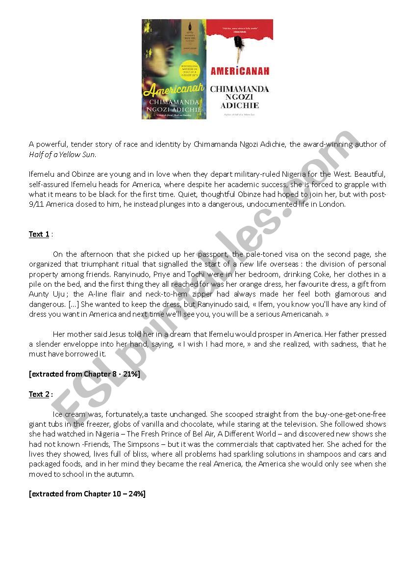 Americanah : extracts + worksheet