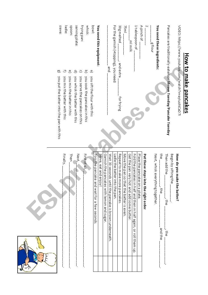 Pancakes video and exercises worksheet