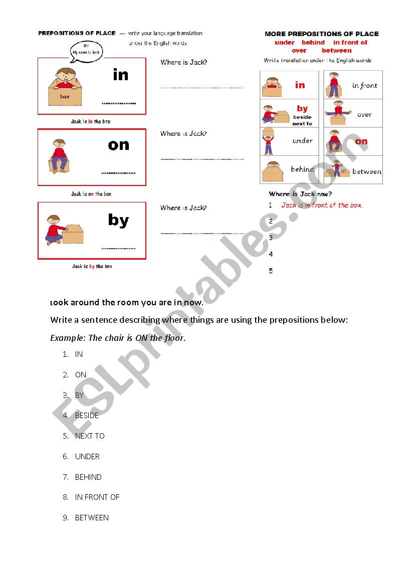 BASIC PREPOSITIONS OF PLACE worksheet