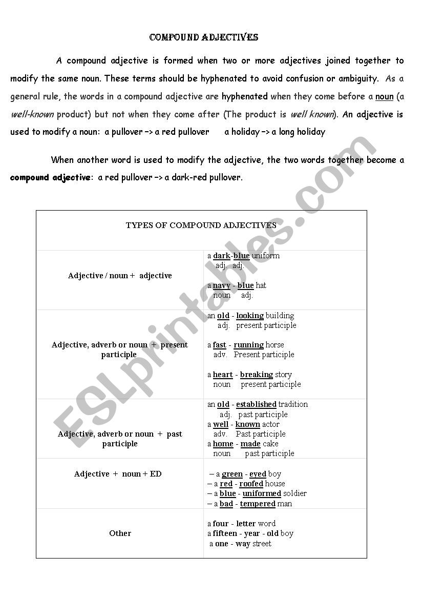 Compound adjectives worksheet