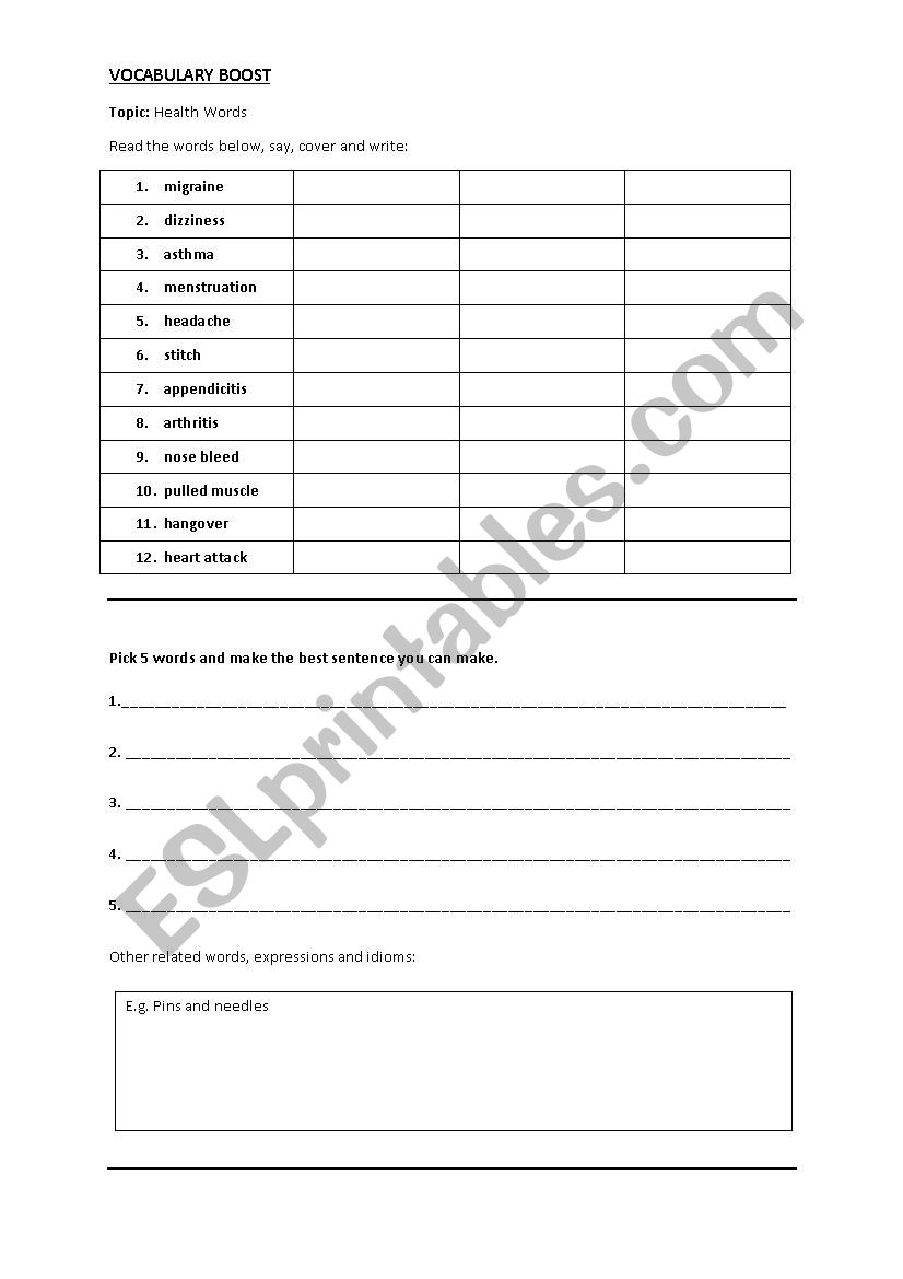 Vocabulary Booster: Health worksheet